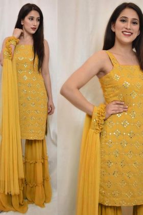 Dusty Yellow Plain Sharara With Embroidery Work Top