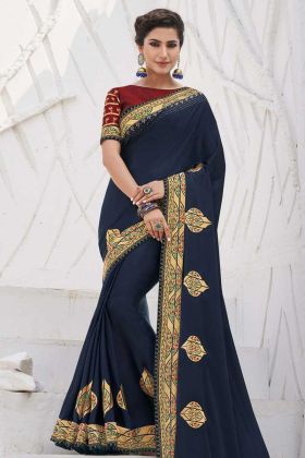 Embroidery Work Navy Blue Color Satin Georgette Saree
