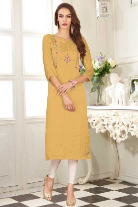 Embroidery Work Dolla Silk Stylish Kurti In Old Gold Color