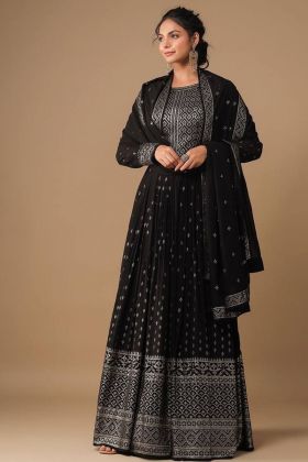 Fashionable Black Embroidery Work Long Gown