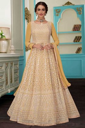 Faux Georgette Anarkali Dress Embroidery Cotton Thread Work In Gold Color