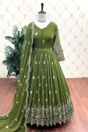 Fern Green Sequence Embroidery Work Long Gown