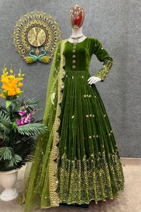 Fern Green Viscose Velvet Embroidery Work Gown