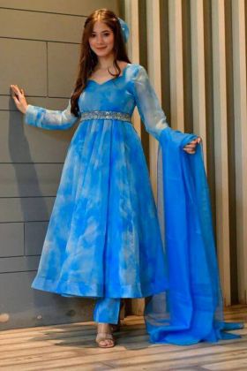 Festival Special Blue Shibori Style Digital Print Anarkali Gown