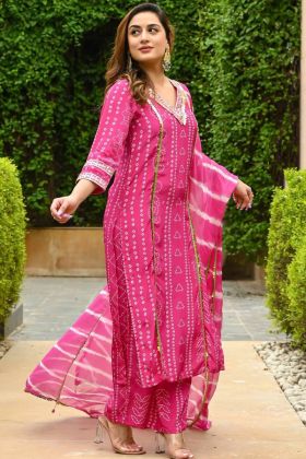 Festive Wear Pink Bandhani Printed Straight Suit