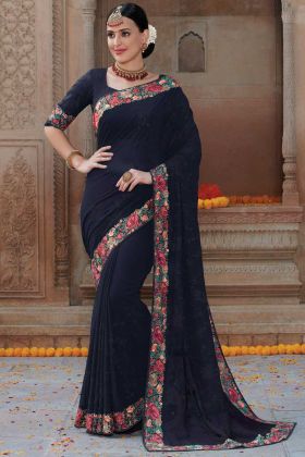 Georgette Navy Blue Thread Embroidery Party Wear Saree