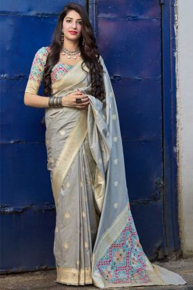 Get Classy Look In Grey Weaving Jecquard Silk Saree For Function