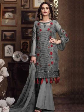 Get Unique Designing Grey Color Embroidered Pakistani Salwar Dress With Low Rate