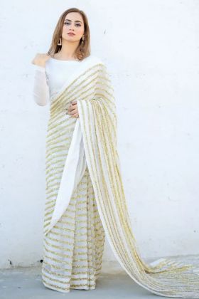 Golden And White Sequence Work Striped Saree