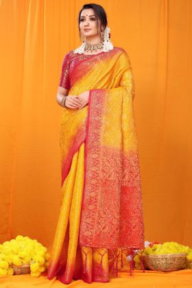 Golden Yellow Pure Soft Banarasi Silk Saree