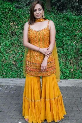 Golden Yellow Sequence Work Haldi Wear Sharara Salwar Suit