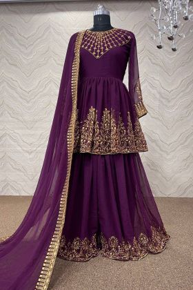 Grape Purple Embroidery Work Faux Georgette Silk Palazzo Suit