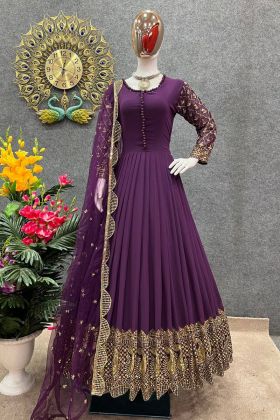 Grape Purple Embroidery Work Faux Georgette Stitch Gown