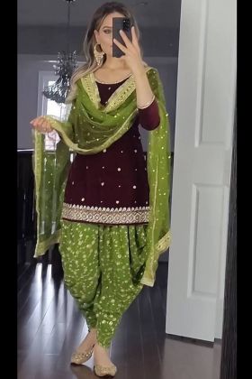 Green And Brown Readymade Dhoti Style Salwar Suit