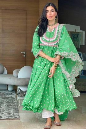 Green Embroidery Work Butter Silk Anarkali Gown With Palazzo