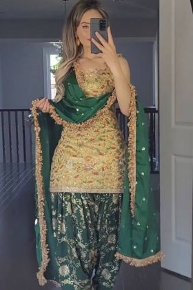 Green Faux Georgette Embroidery Work Punjabi Dress