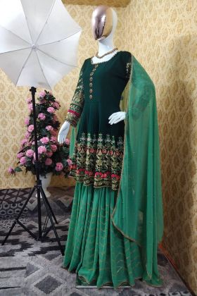 Green Faux Georgette Embroidery Work Sharara Suit
