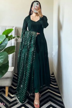 Green Faux Georgette Plain Anarkali Style Readymade Gown