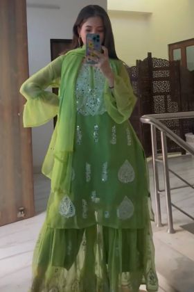 Green Faux Georgette Real Mirror Embroidery Work Sharara Dress