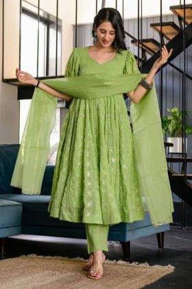 Green Faux Georgette Sequence Work Anarkali Gown With Palazzo