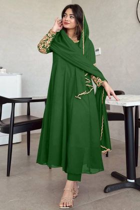 Green Faux Georgette Sequence Work Long Gown