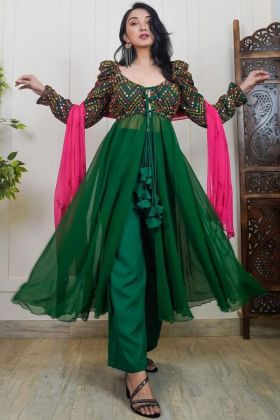 Green Faux Georgette Slit Cut Anarkali Style Gown