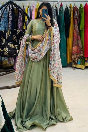 Green Finon Silk Anarkali Gown With Flower Printed Dupatta