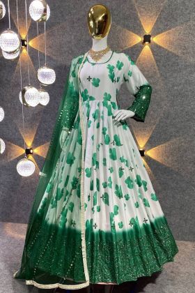 Green Flower Printed Sequence Work Anarkali Gown