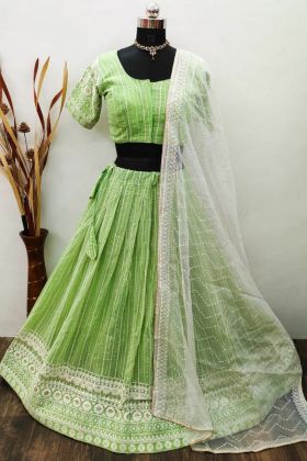 Green Lucknowi Work Georgette Stitched Lehenga Choli