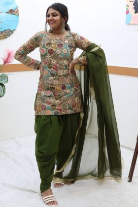 Green Plain Dhoti With Coding Embroidery Work Kurti