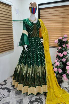 Green Readymade Ruffle Sleeves Anarkali Gown