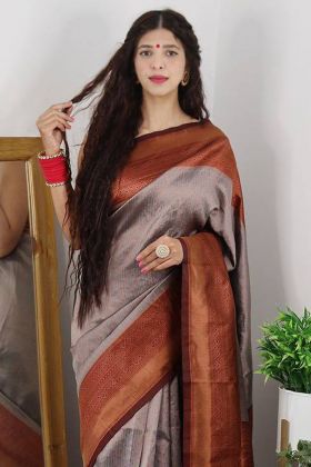 Grey Banarasi Soft Silk Copper Zari Work Saree