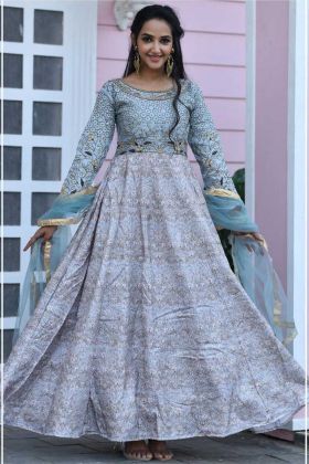 Grey Color Chennai Silk Beautiful Girl Wearing Dress For Evening Party