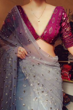 Grey Embroidery Work Butterfly Net Saree