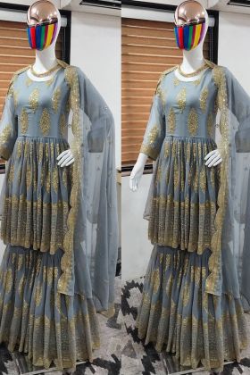 Grey Embroidery Work Faux Georgette Sharara Suit