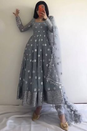 Grey Faux Georgette Embroidery Work Anarkali Gown
