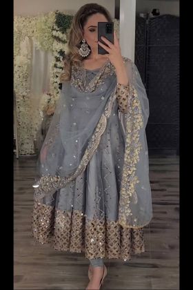 Grey Faux Georgette Sequence Work Anarkali Gown