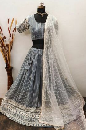 Grey Georgette Lucknowi Work Ready To Wear Lehenga Choli