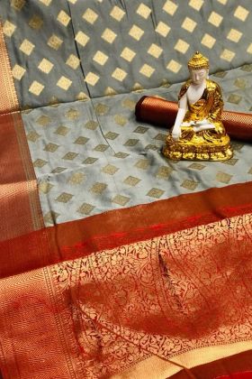 Grey Gold Zari Weaving Work Lichi Silk Paithani Saree