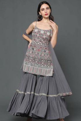 Grey Plain Sharara With Embroidered Work Top