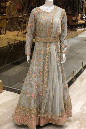 Grey Real Mirror Hand Embroidered Butterfly Net Anarkali Gown
