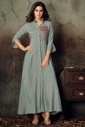 Grey Color Heavy Rayon Long Kurti With Embroidery Work