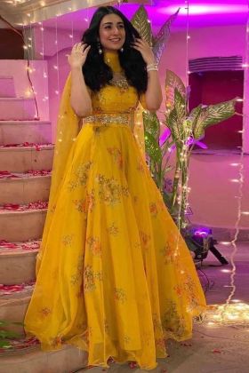 Haldi Special Yellow Digital Printed Anarkali Gown