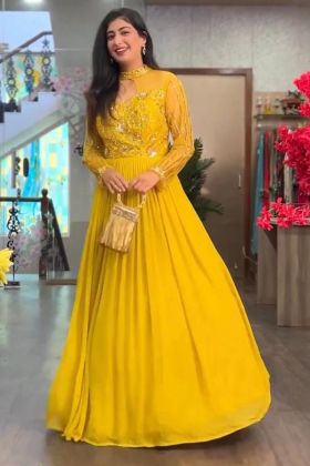 Haldi Wear Yellow Embroidery Work Gown