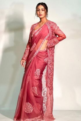 Hina Khan Wear Dark Peach Saree With Long Shrug
