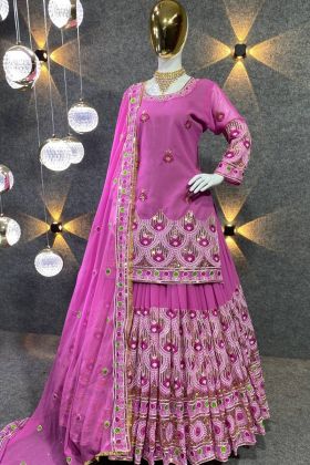 Hot Pink Embroidery Work Tunic Top With Lehenga