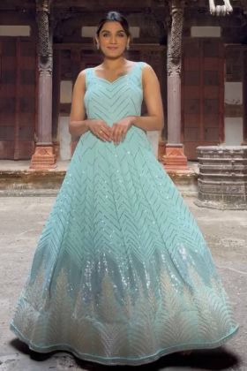 Ice Blue Faux Georgette Sequence Work Flaired Gown