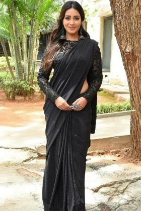 Indian Actress Nivetha Pethuraj Wear Black Thread Work Saree