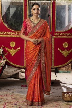 Indian Traditional Orange Thread Work Saree