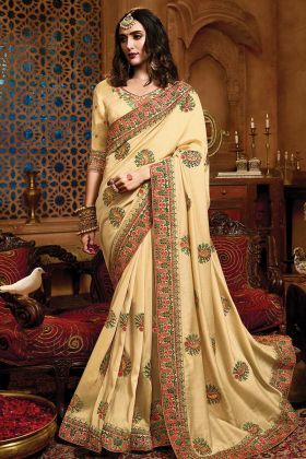 Innovative Cream Color Satin Silk Wedding Saree